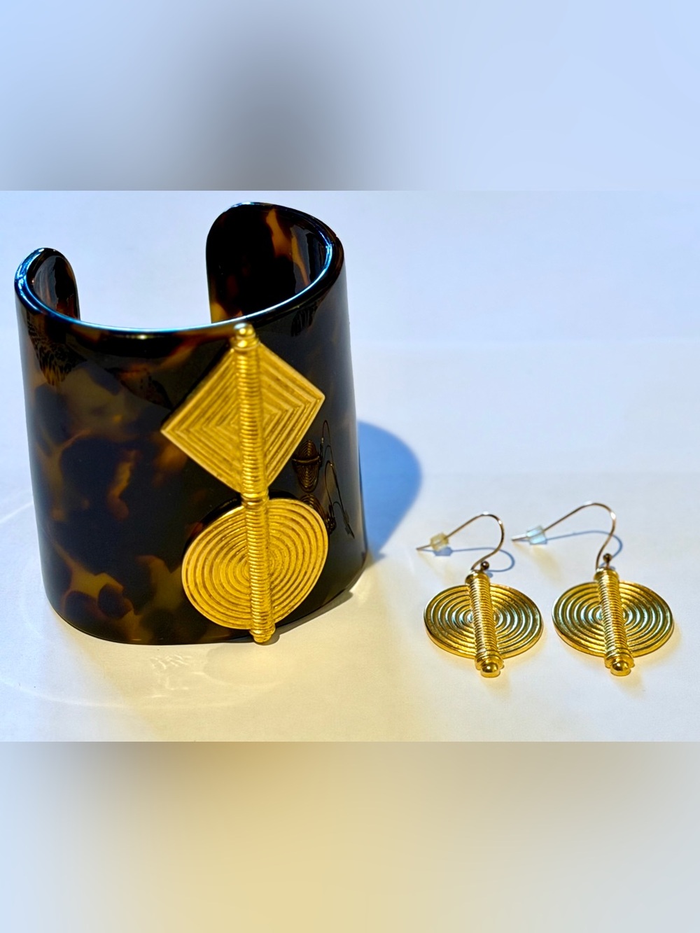 Vintage MMA tortoise shell resin cuff and matching gold earring set, made in USA
